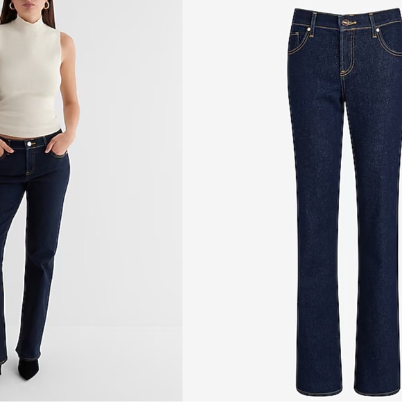 Express Women's Dark Wash Barely Boot Mid-Rise Jeans - Picture 3 of 8